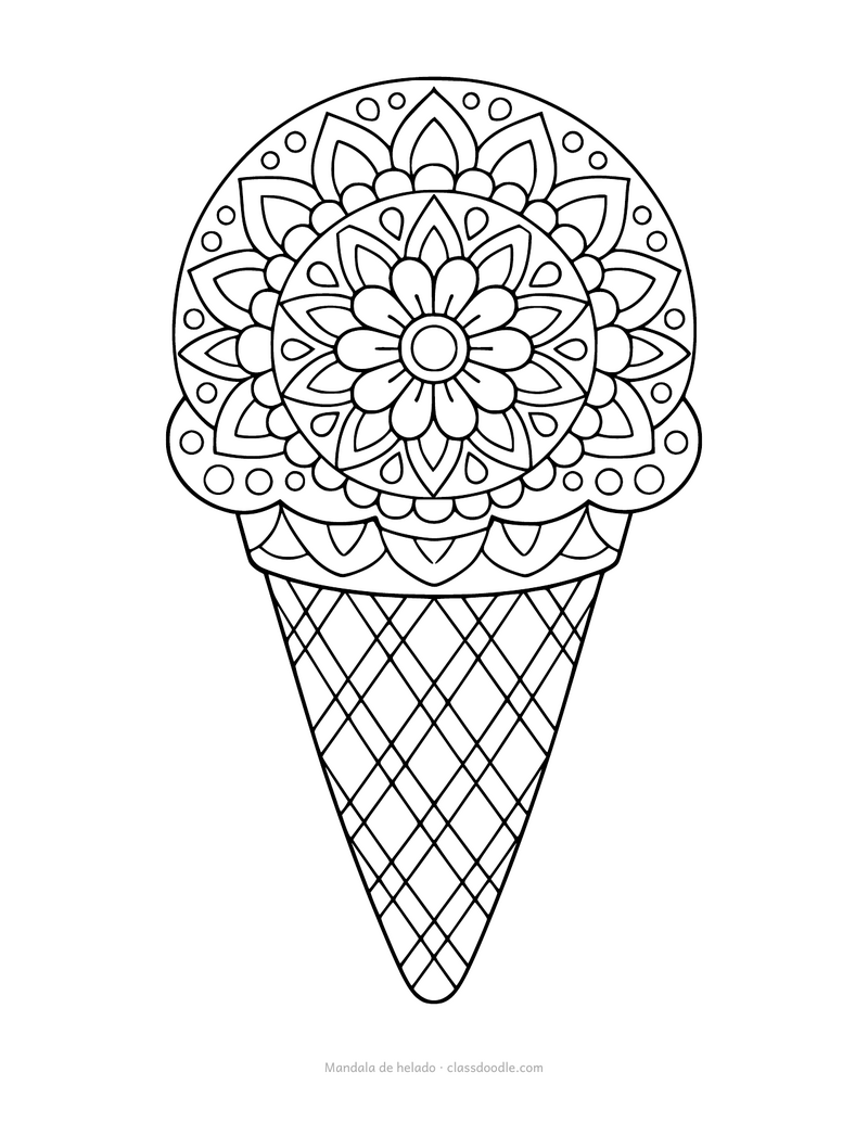 Mandala de helado para colorear con pétalos simétricos en la bola