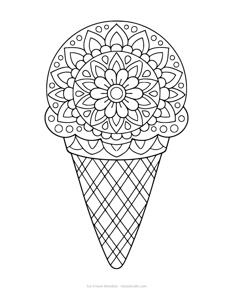 Ice cream mandala coloring page with symmetrical petals inside the scoop