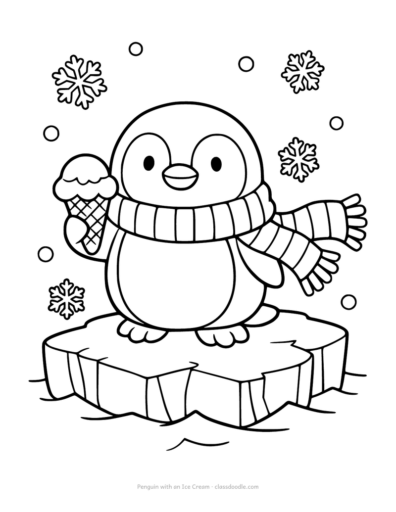 Penguin coloring page with a penguin holding an ice cream cone on the ice