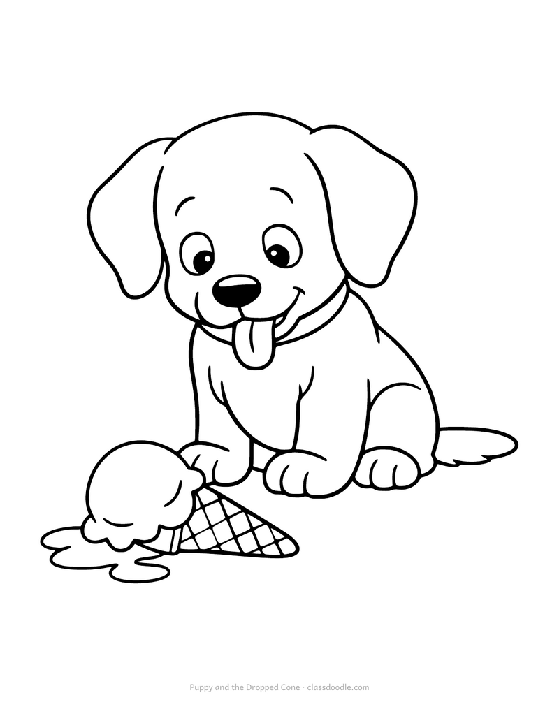 Puppy coloring page with a dog beside a dropped ice cream cone