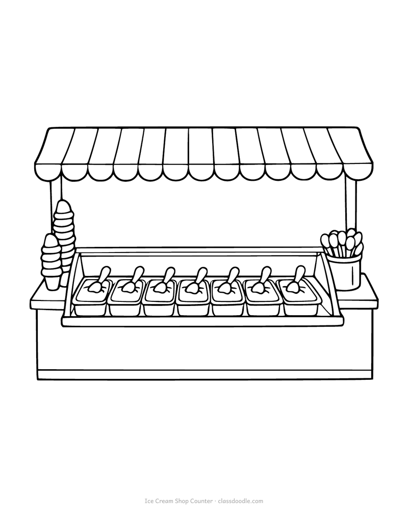 Ice cream shop coloring page with tubs behind the counter and a stack of cones