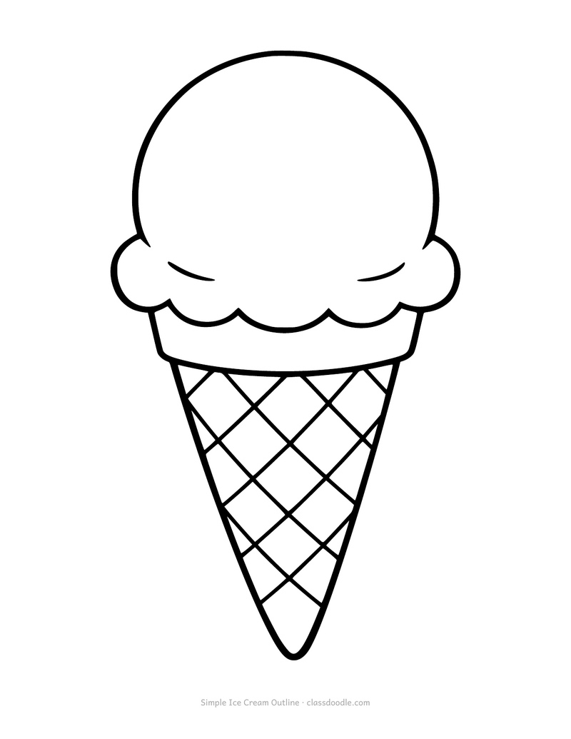 Simple ice cream coloring page with one plain scoop and a waffle cone