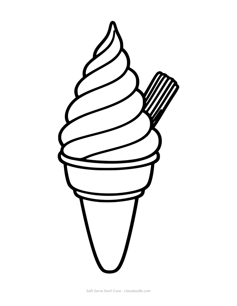 Soft serve ice cream coloring page with a swirl cone and a chocolate flake
