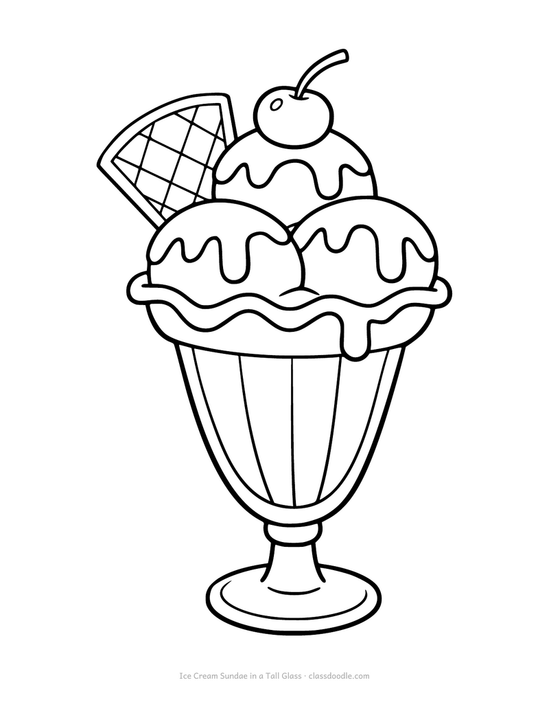 Ice cream sundae coloring page with a tall glass, a cherry and a wafer