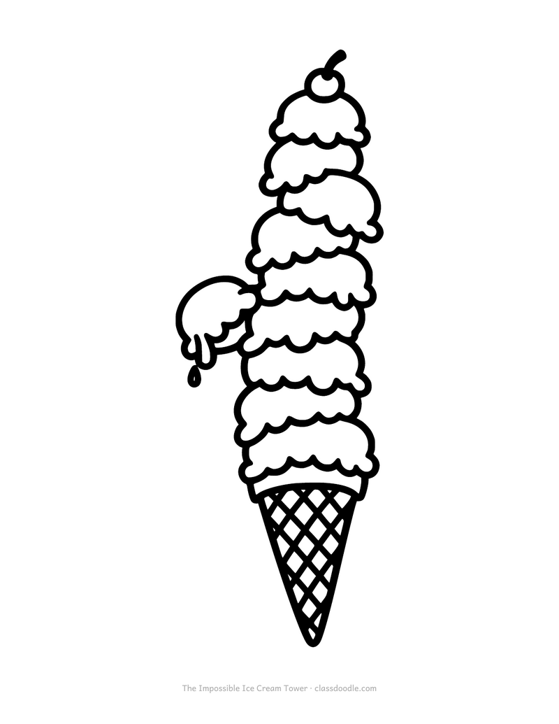 Ice cream coloring page with a tall tower of eight stacked scoops