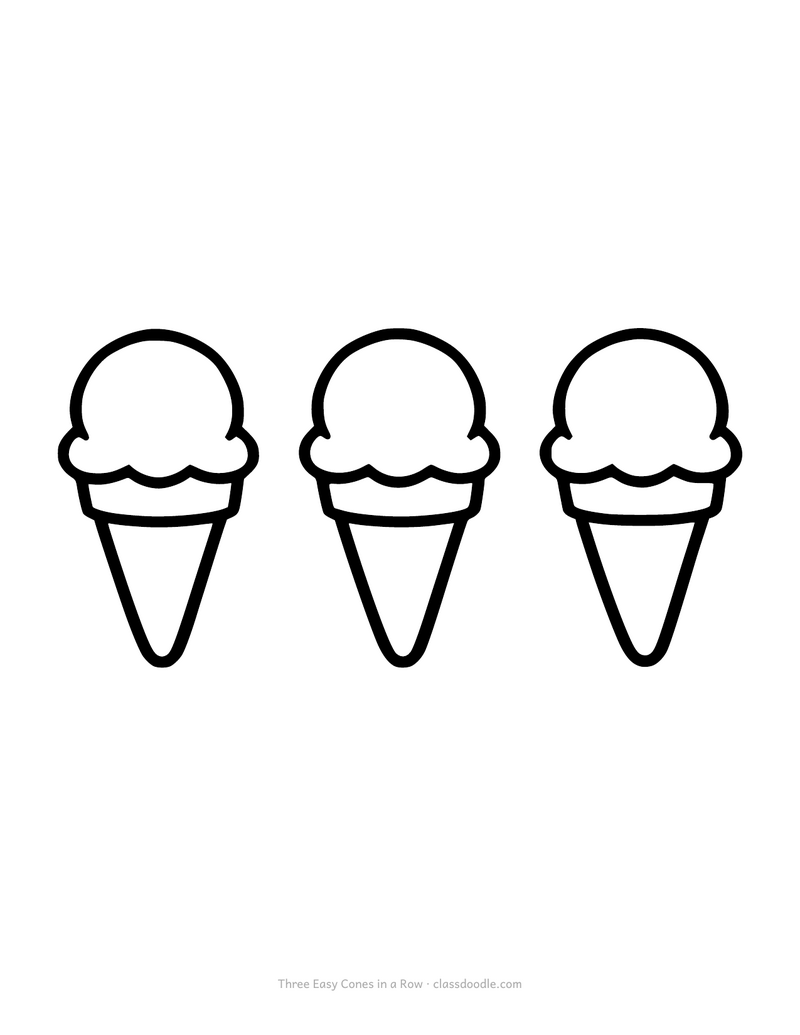 Easy ice cream coloring page with three plain cones and thick outlines