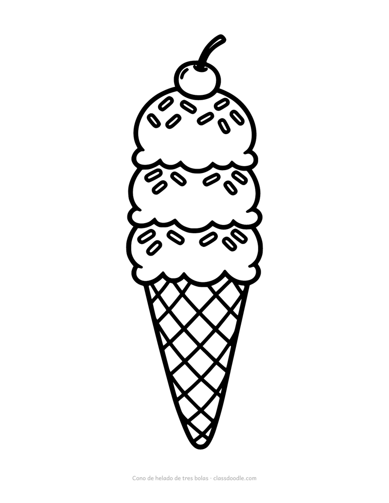 Helado para colorear con un cono de tres bolas, cereza y granas