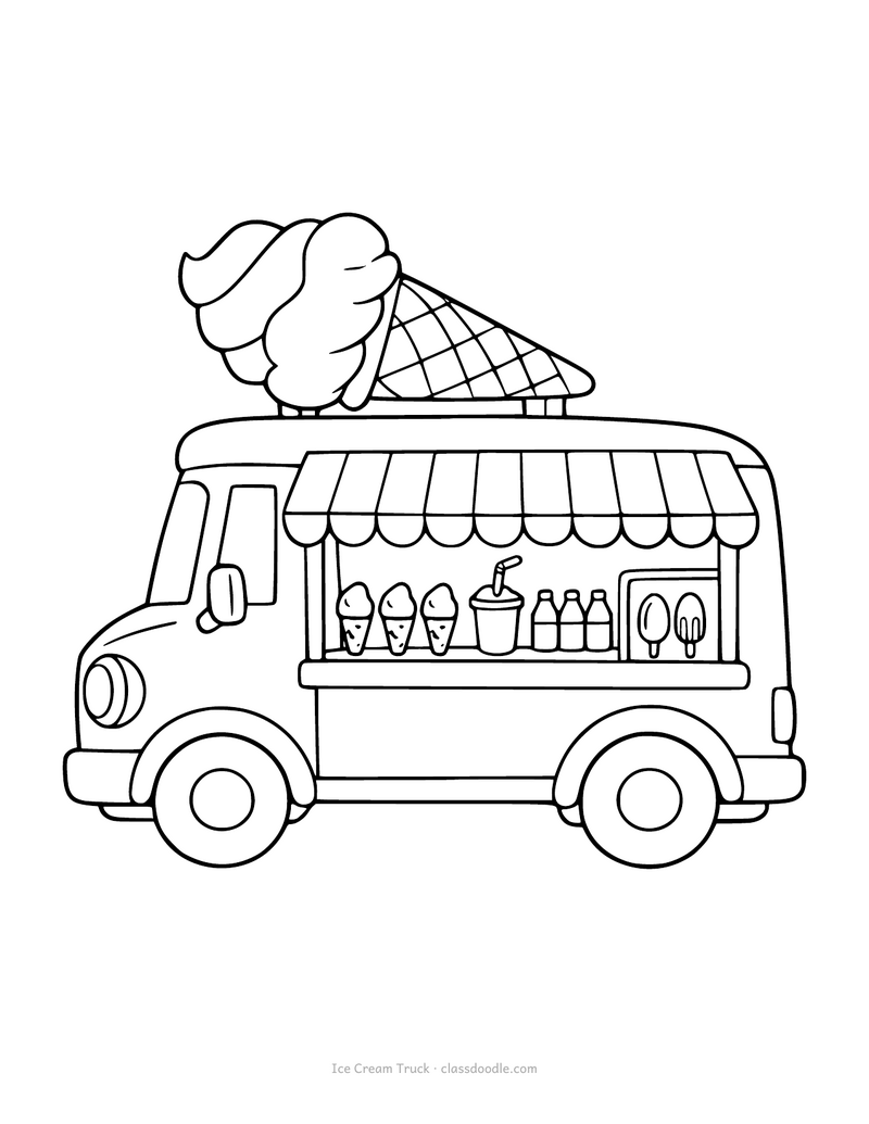 Ice cream truck coloring page with an open serving window and a cone on the roof