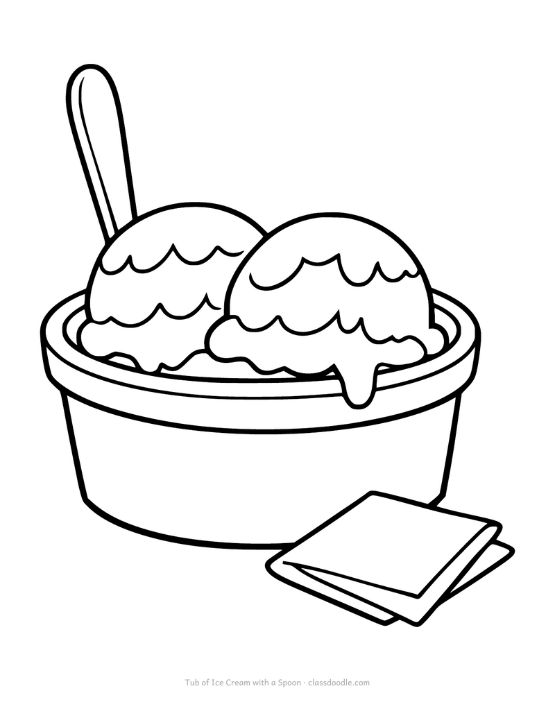 Ice cream coloring page with a tub of ice cream, two scoops and a spoon