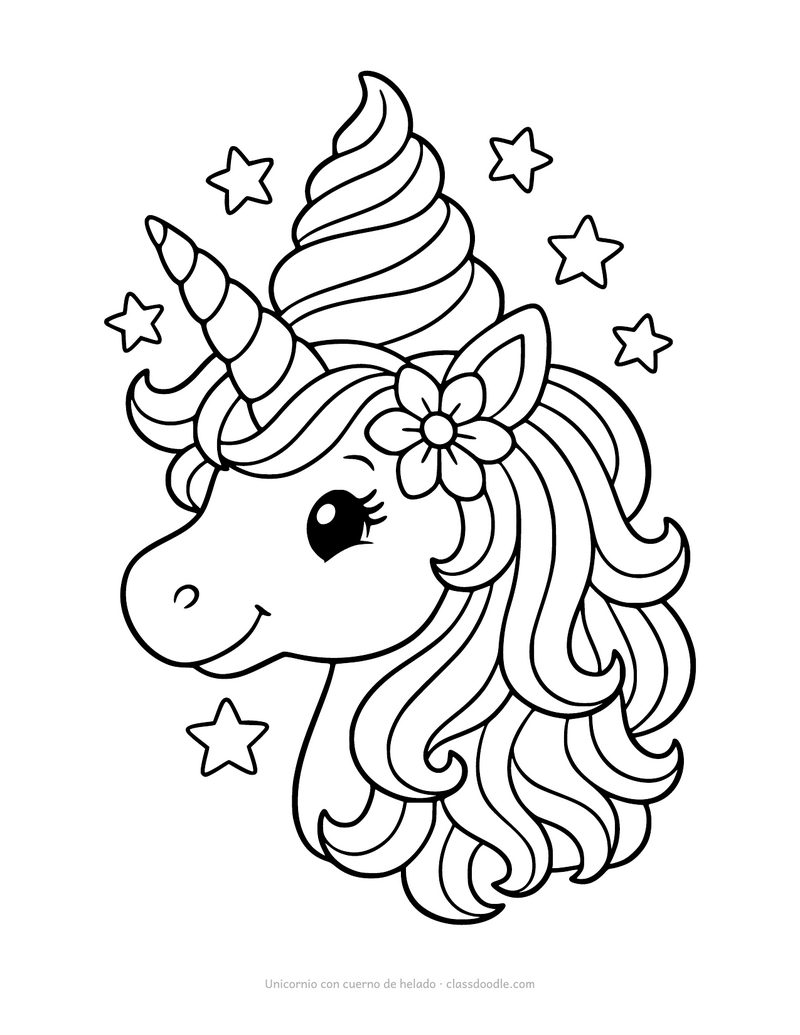 Unicornio para colorear con un helado en la cabeza y crin rizada