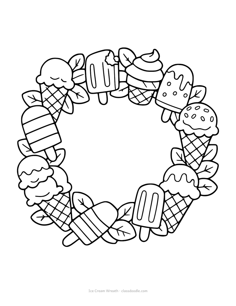 Ice cream wreath coloring page with cones and popsicles in a ring