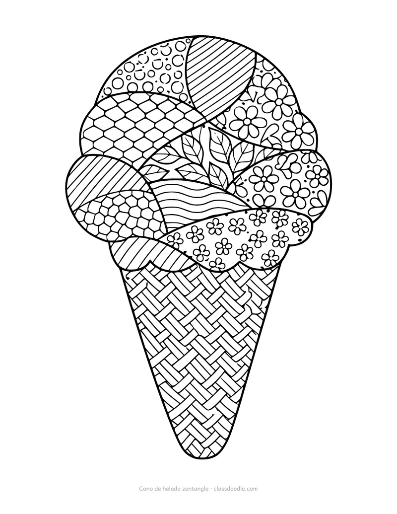 Helado zentangle para colorear con motivos detallados en la bola