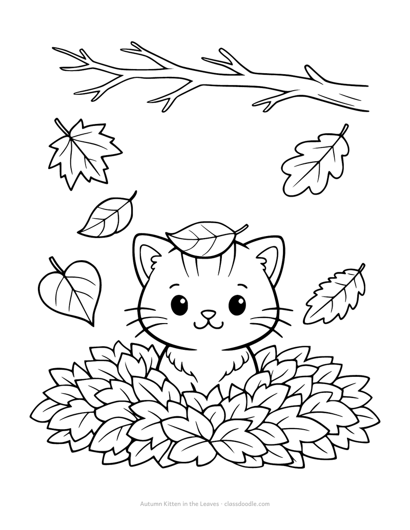 Autumn kitten coloring page with a kitten sitting in a pile of fallen leaves