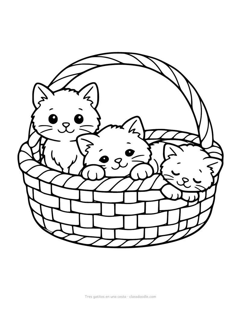 Gatitos para colorear: tres gatitos juntos en una cesta