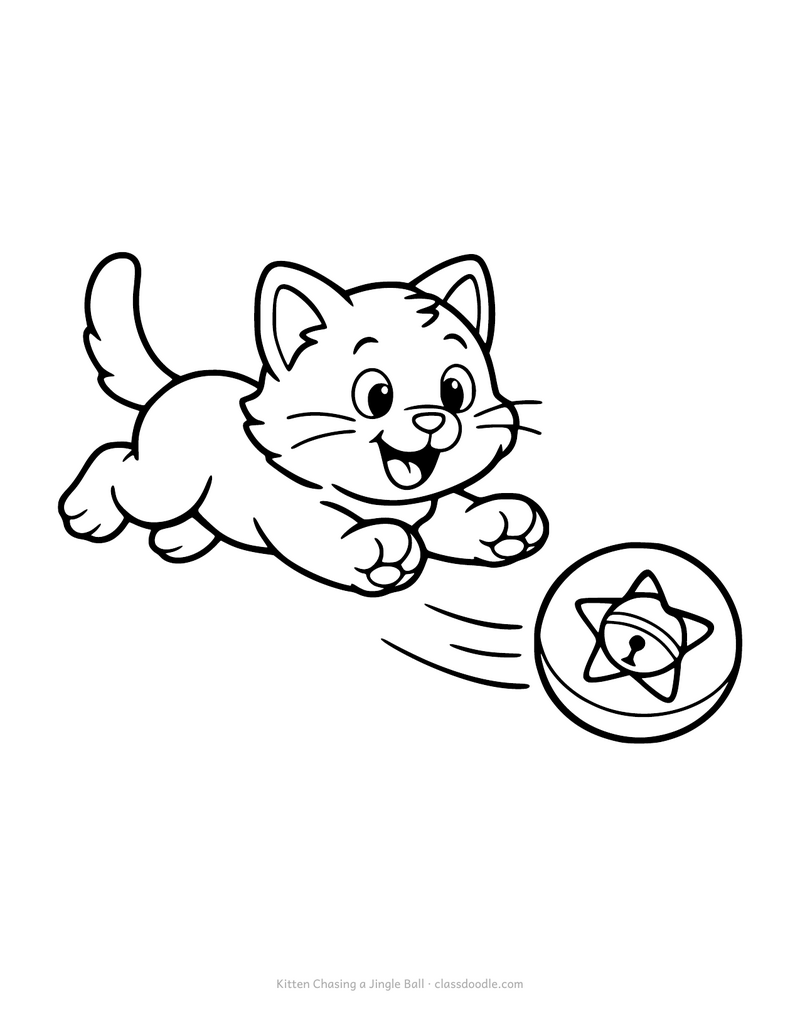 Kitten coloring page of a kitten running after a jingle ball