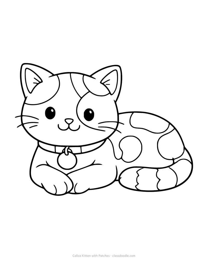 Calico kitten coloring page with large patches of fur and a name tag collar