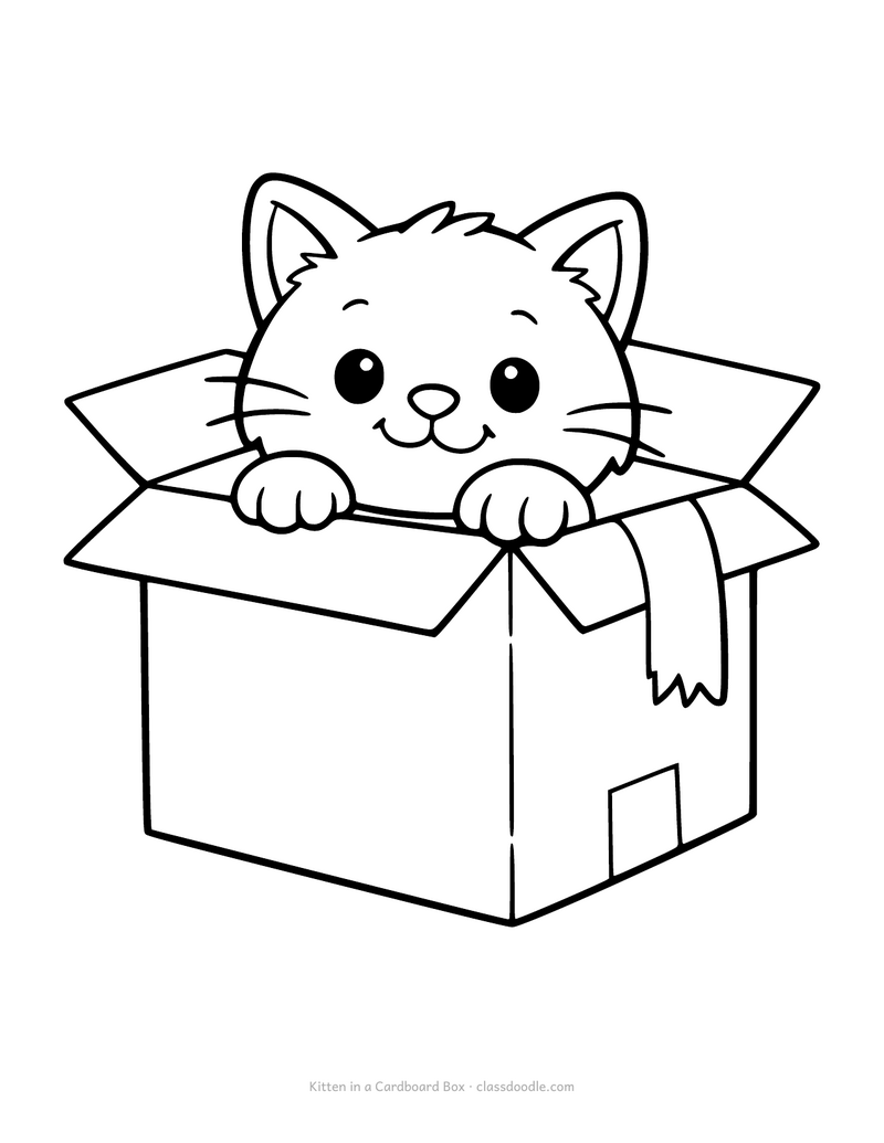 Kitten coloring page with a kitten peeping out of a cardboard box