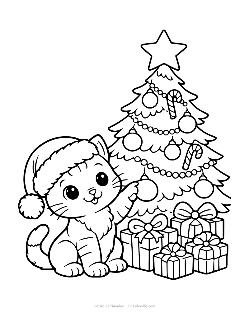 Gatito de Navidad para colorear con gorro de Papá Noel, árbol y regalos