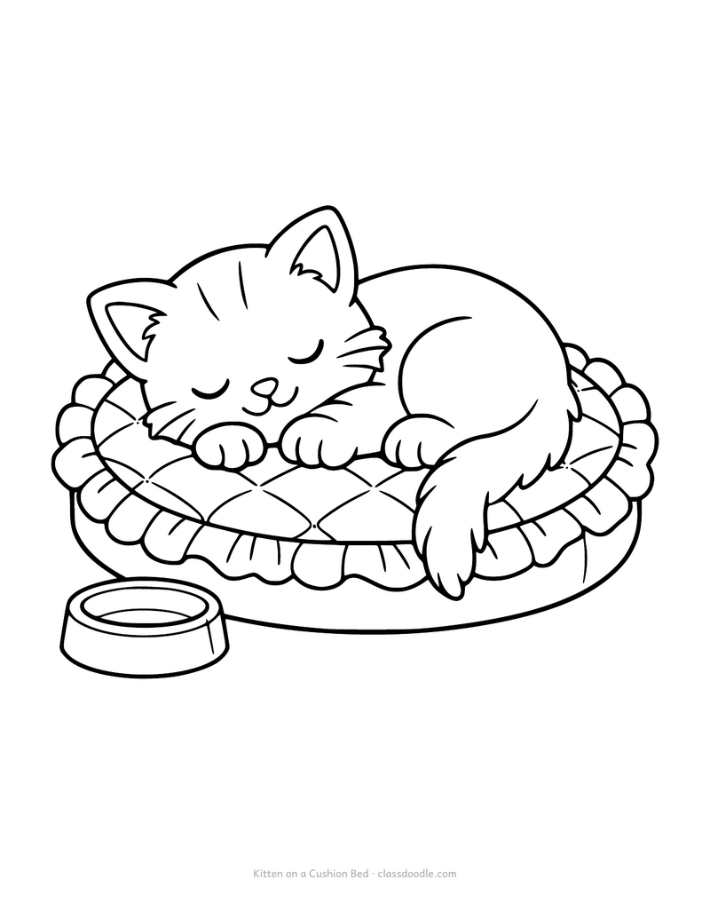 Kitten coloring page with a kitten asleep on a quilted cushion bed