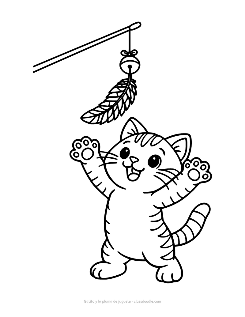Gatito para colorear estirándose hacia una pluma de juguete