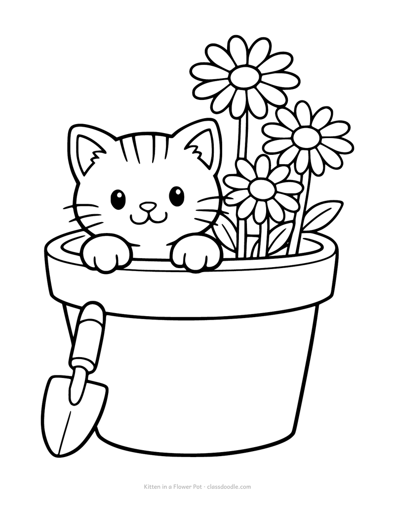 Kitten coloring page with a kitten sitting in a flower pot with daisies
