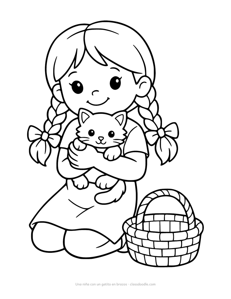 Gatito para colorear en brazos de una niña