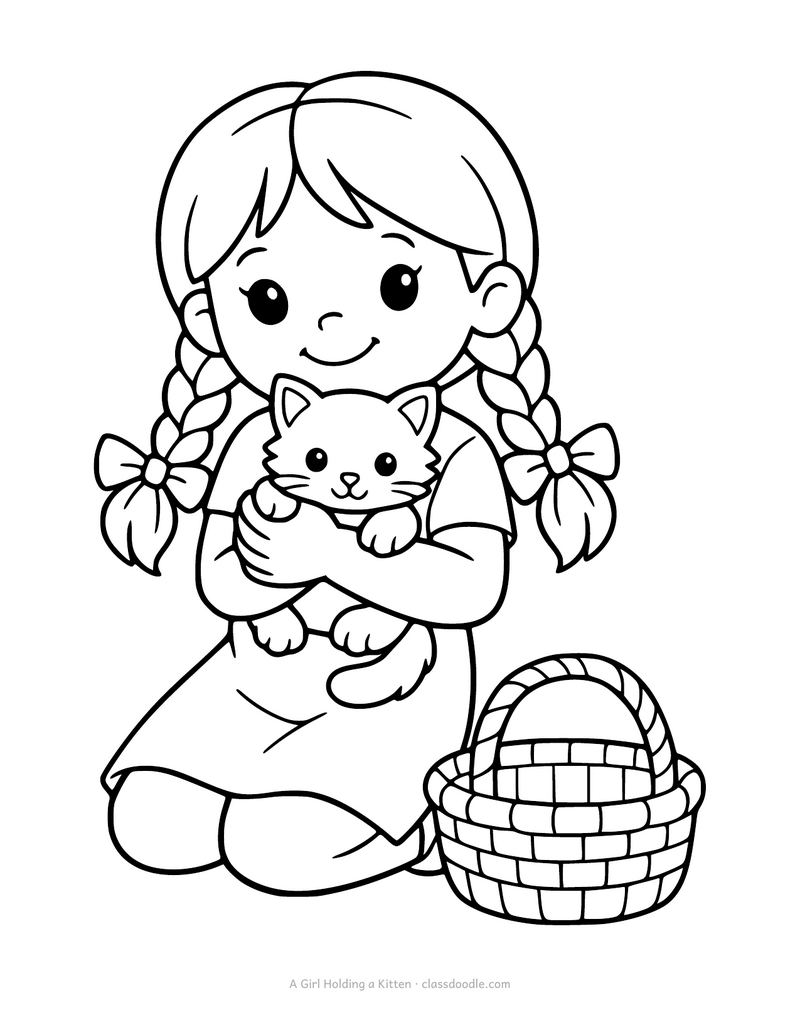 Kitten coloring page with a girl holding a kitten in both hands