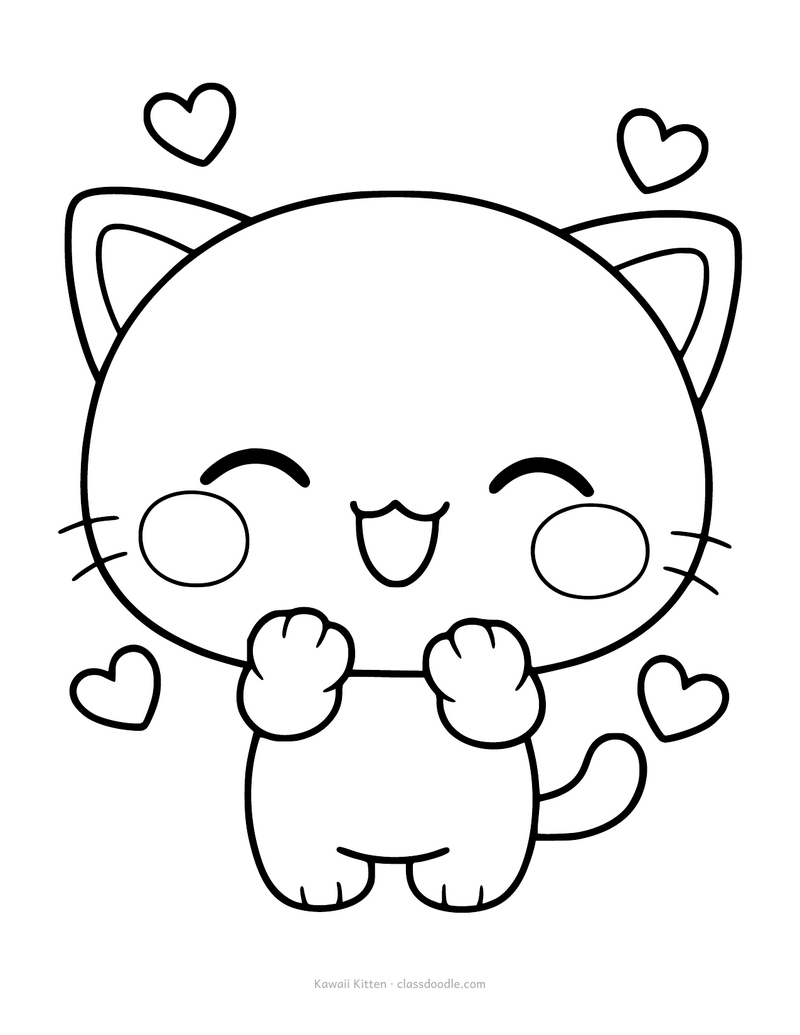 Kawaii kitten coloring page with a chibi kitten and floating hearts