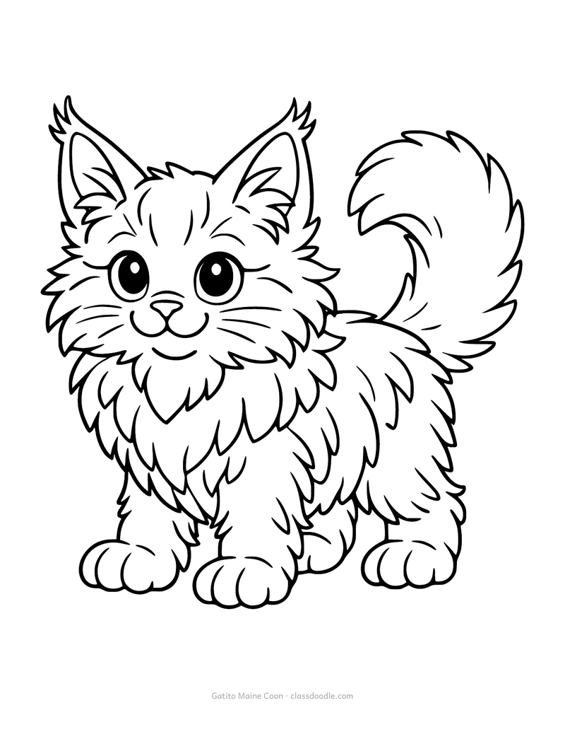 Gatito Maine Coon para colorear con penachos en las orejas, gorguera y cola frondosa