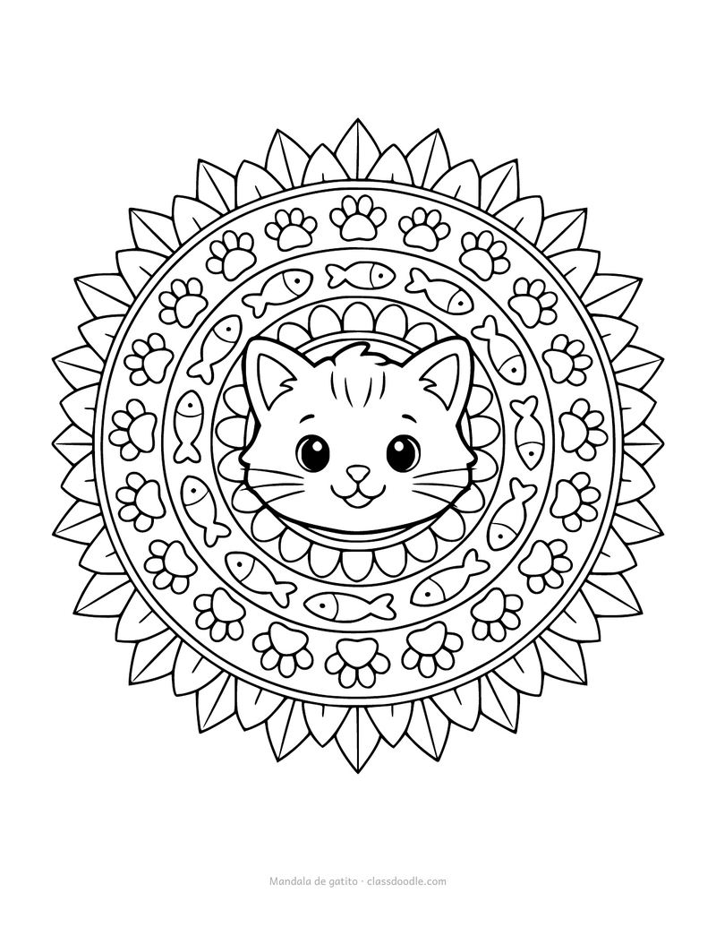 Mandala de gatito para colorear con anillos de pétalos, huellas y peces