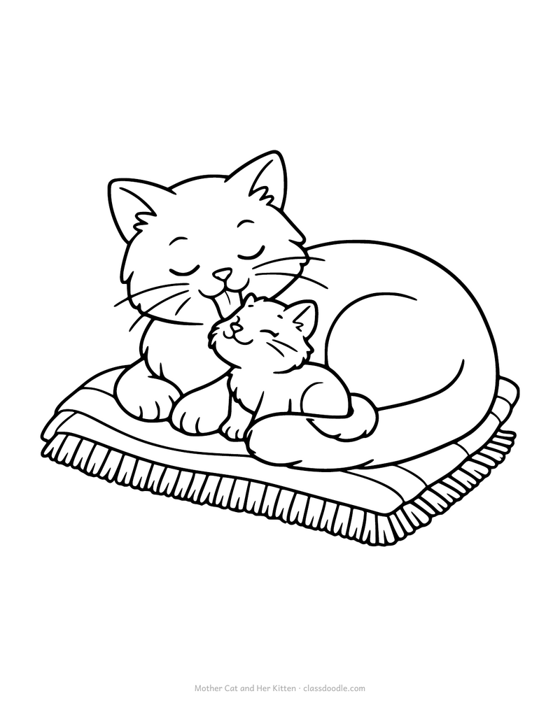Cat and kitten coloring page with a mother cat washing her kitten