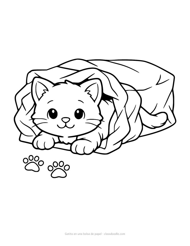 Gatito para colorear metiéndose de cabeza en una bolsa de papel