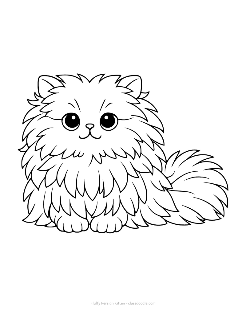 Persian kitten coloring page with long fluffy fur and a plumed tail