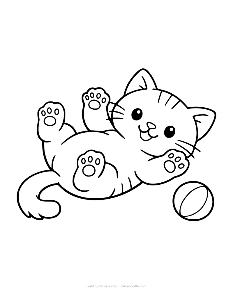 Gatito para colorear panza arriba con las patas al aire
