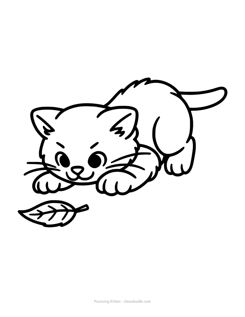 Kitten coloring page of a kitten crouched low and about to pounce