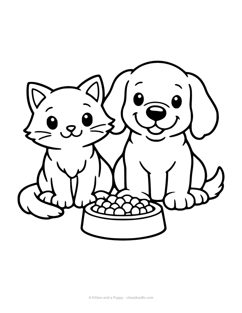 Kitten and puppy coloring page with a cat and a dog sitting side by side