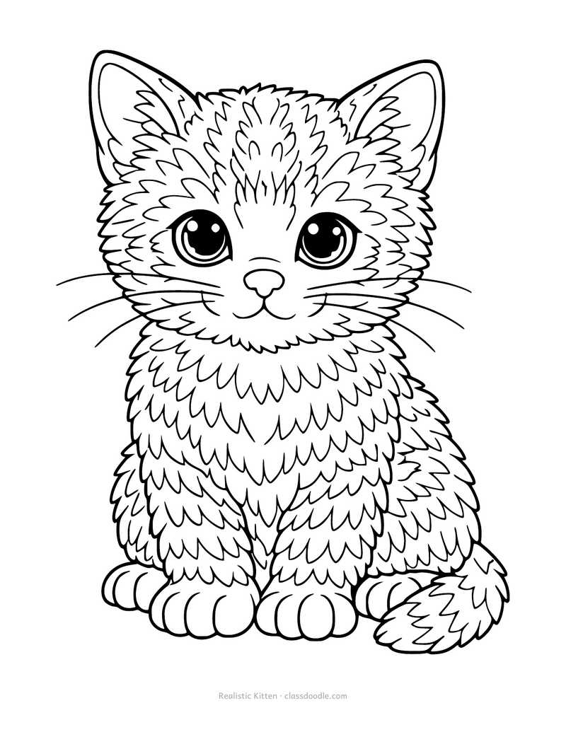 Realistic kitten coloring page with detailed fur and whiskers