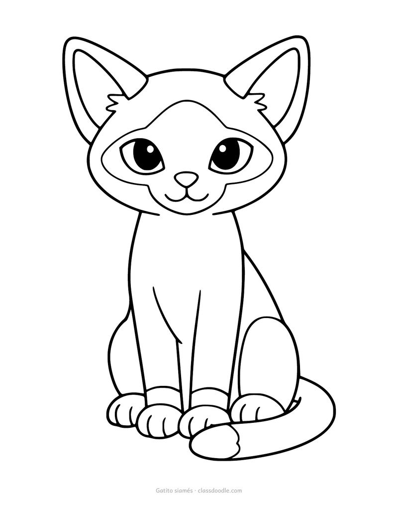 Gatito siamés para colorear con la máscara, las orejas, las patas y la cola marcadas