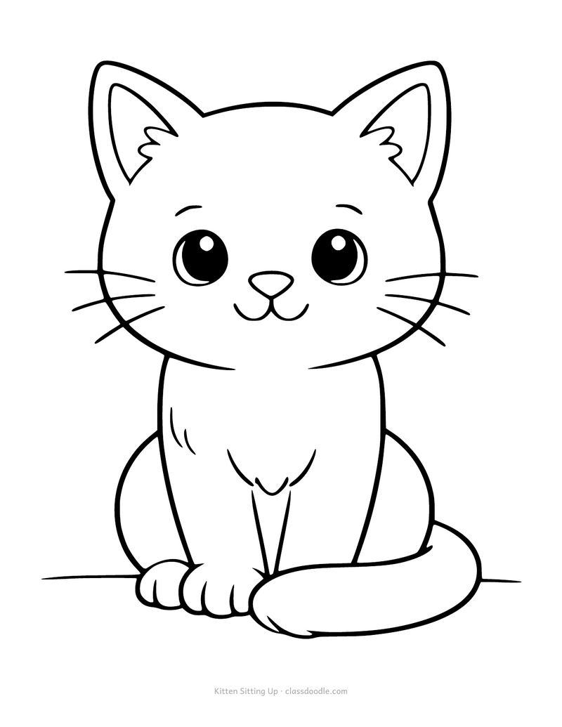 Kitten coloring page with a kitten sitting upright and its tail curled around its paws