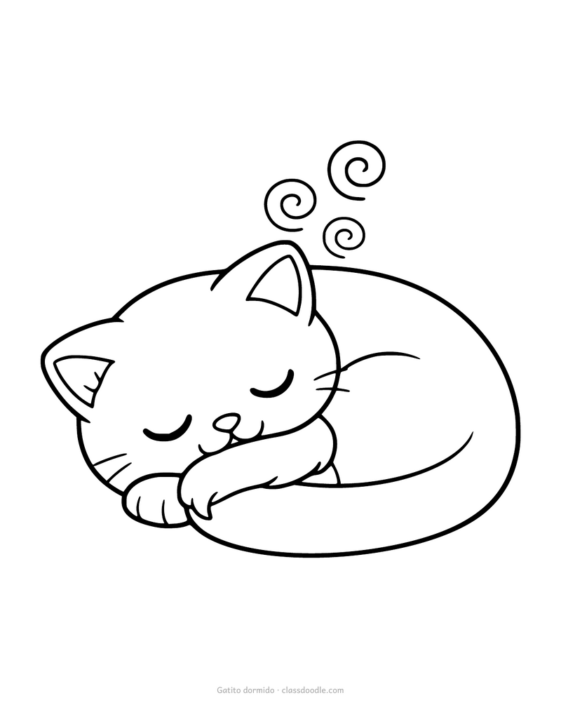 Gatito dormido para colorear hecho un ovillo con la cola alrededor