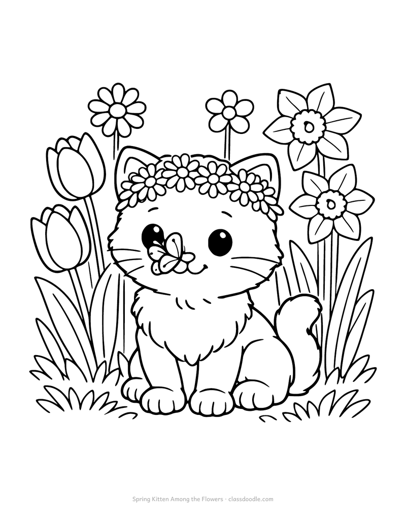 Spring kitten coloring page with a flower crown, tulips and a butterfly
