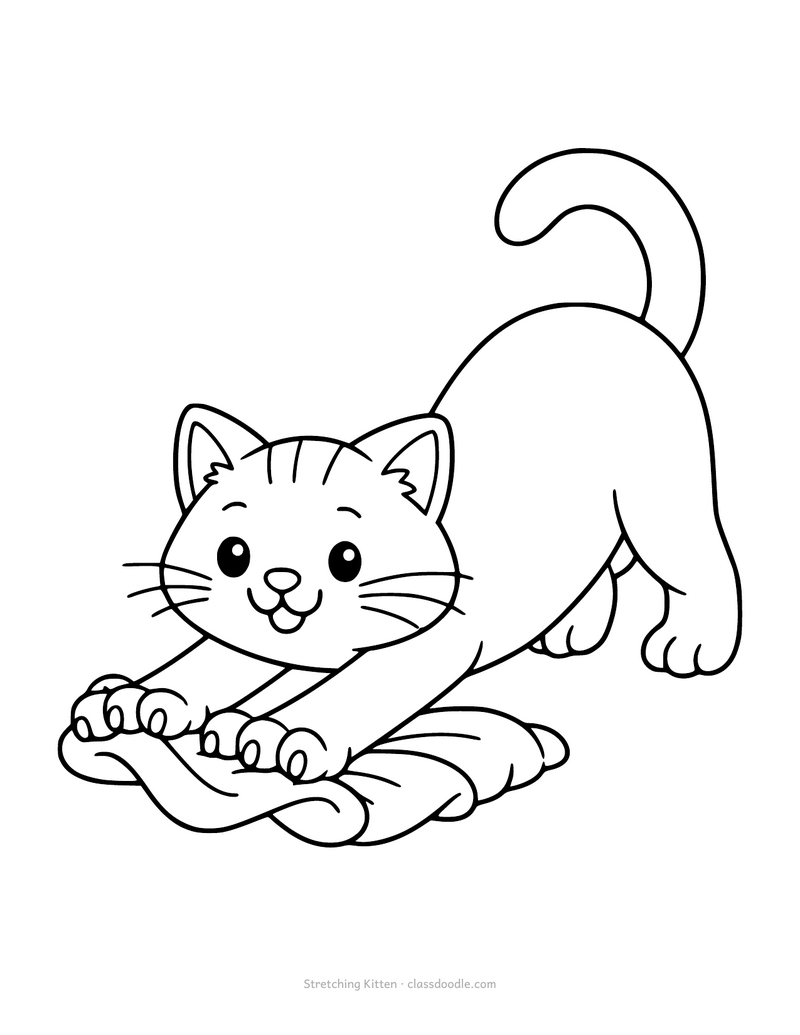 Kitten coloring page with a kitten stretching with its back arched