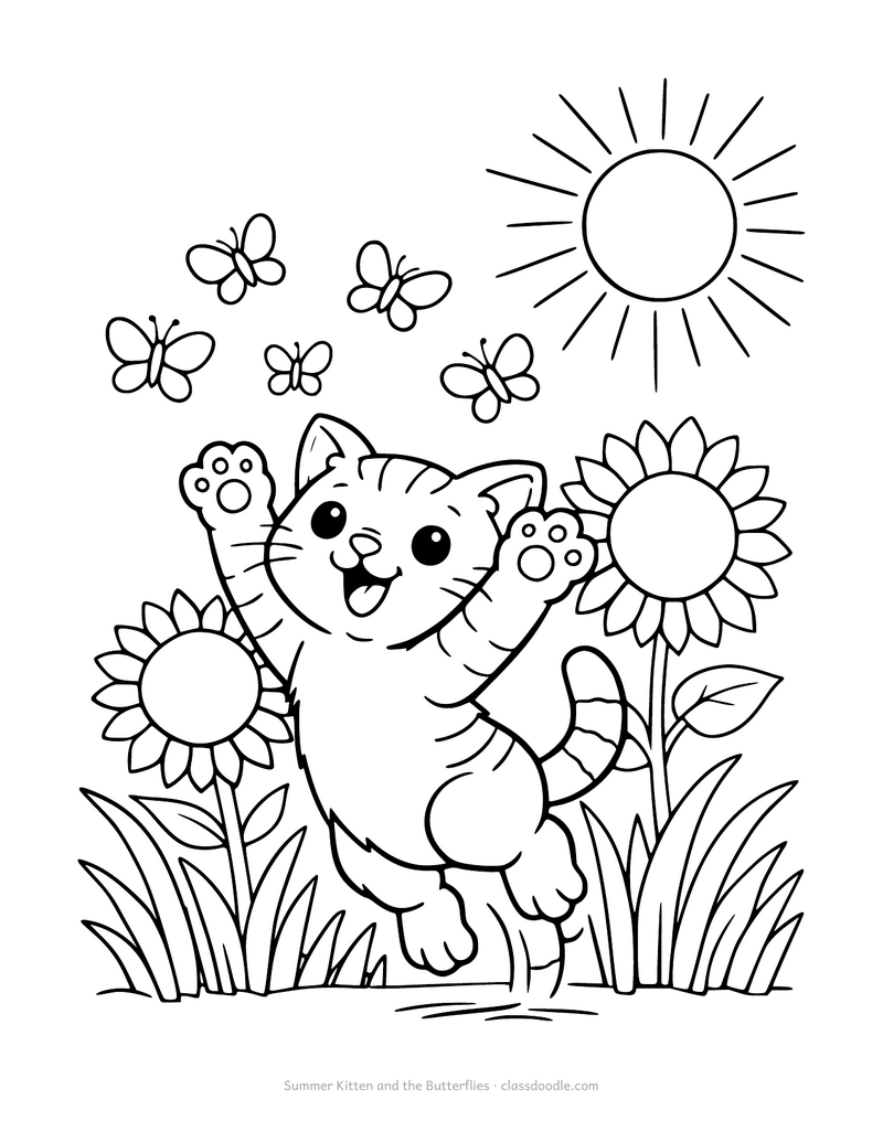 Summer kitten coloring page with a kitten jumping at butterflies and sunflowers