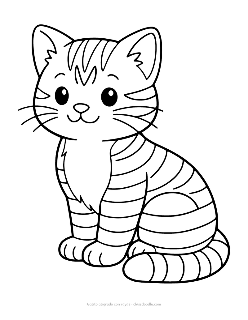 Gatito atigrado para colorear con el pelaje a rayas y la M en la frente