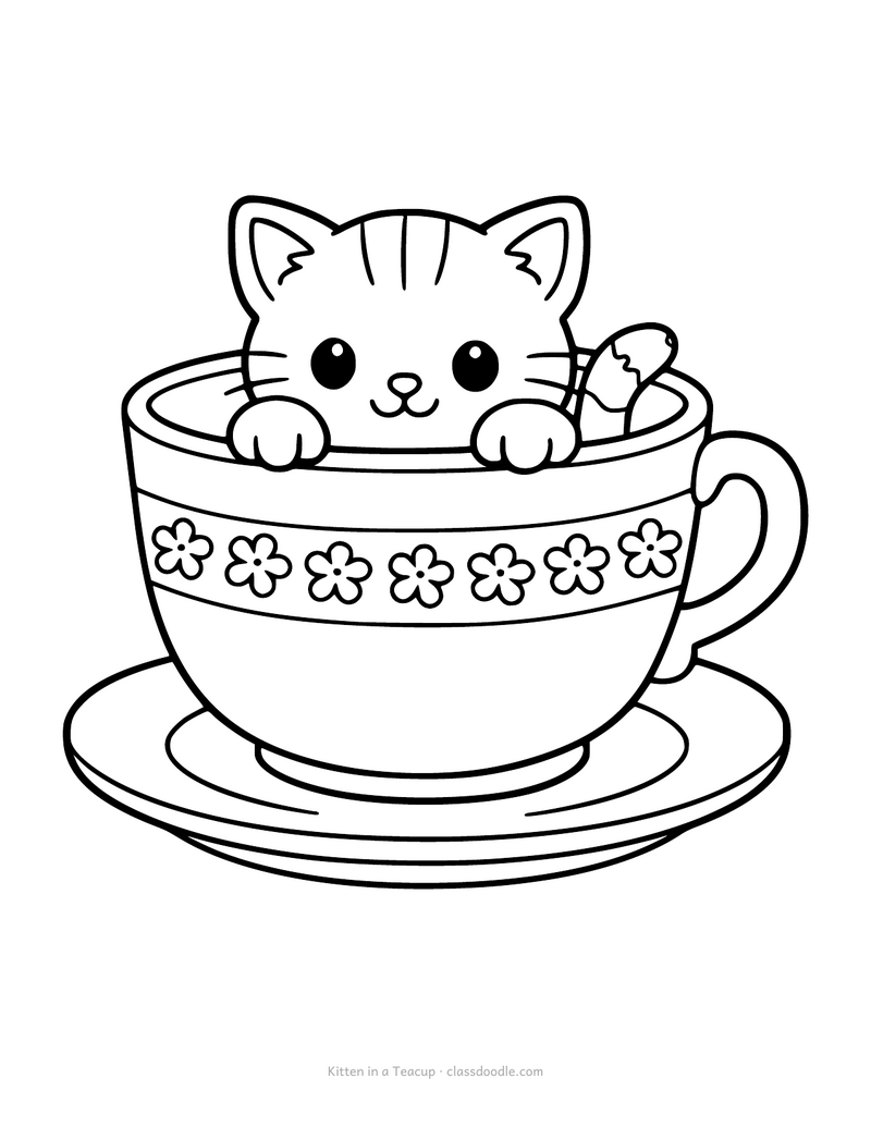 Kitten coloring page with a tiny kitten sitting inside a teacup