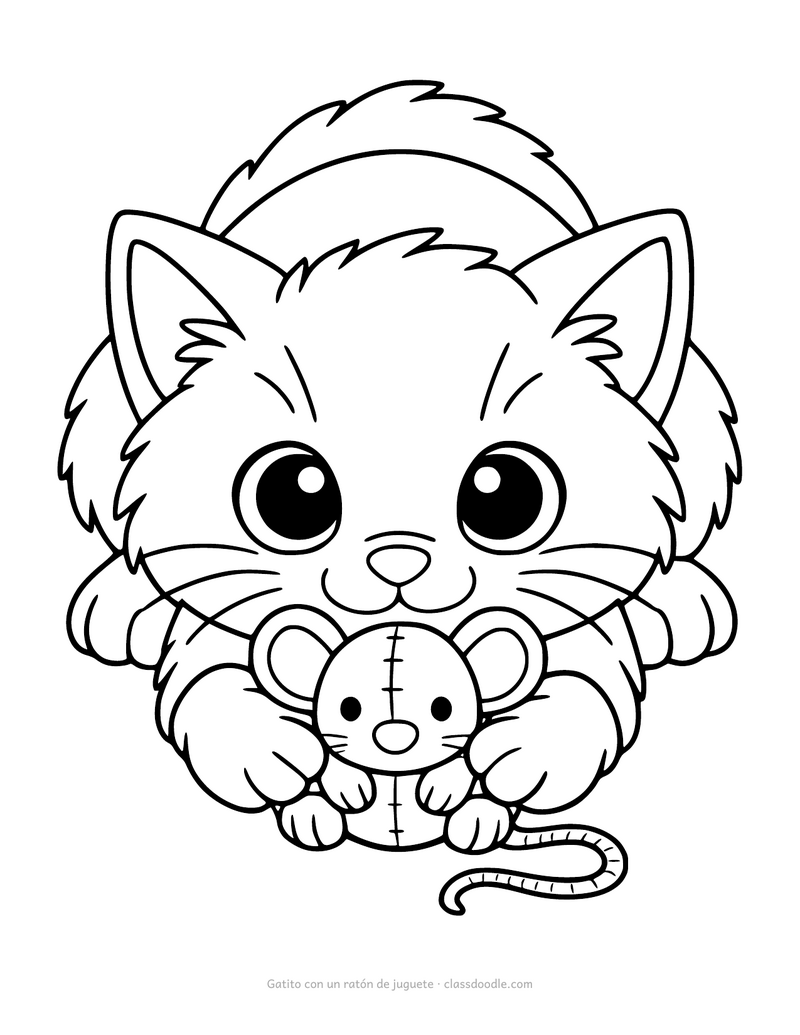 Gatito para colorear sujetando un ratón de trapo