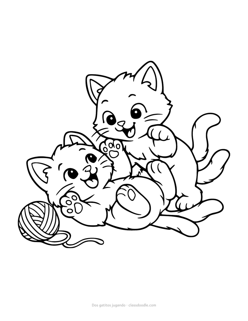 Gatitos para colorear: dos gatitos peleándose en broma