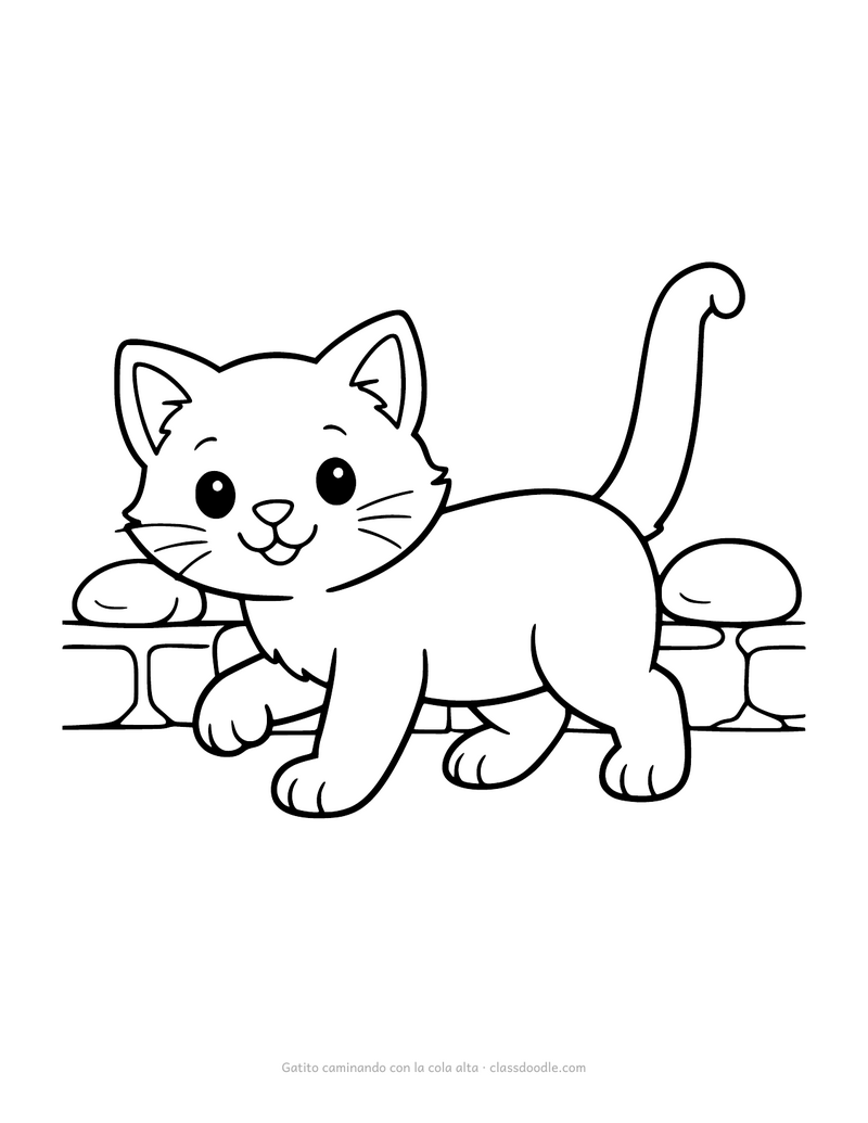 Gatito para colorear caminando de perfil con la cola levantada