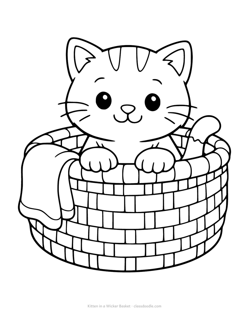 Kitten coloring page with a kitten sitting in a woven wicker basket