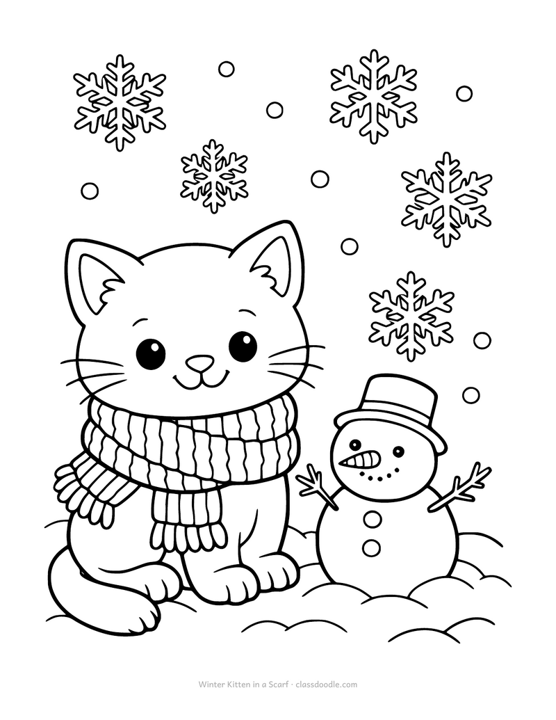 Winter kitten coloring page with a kitten in a knitted scarf and a snowman
